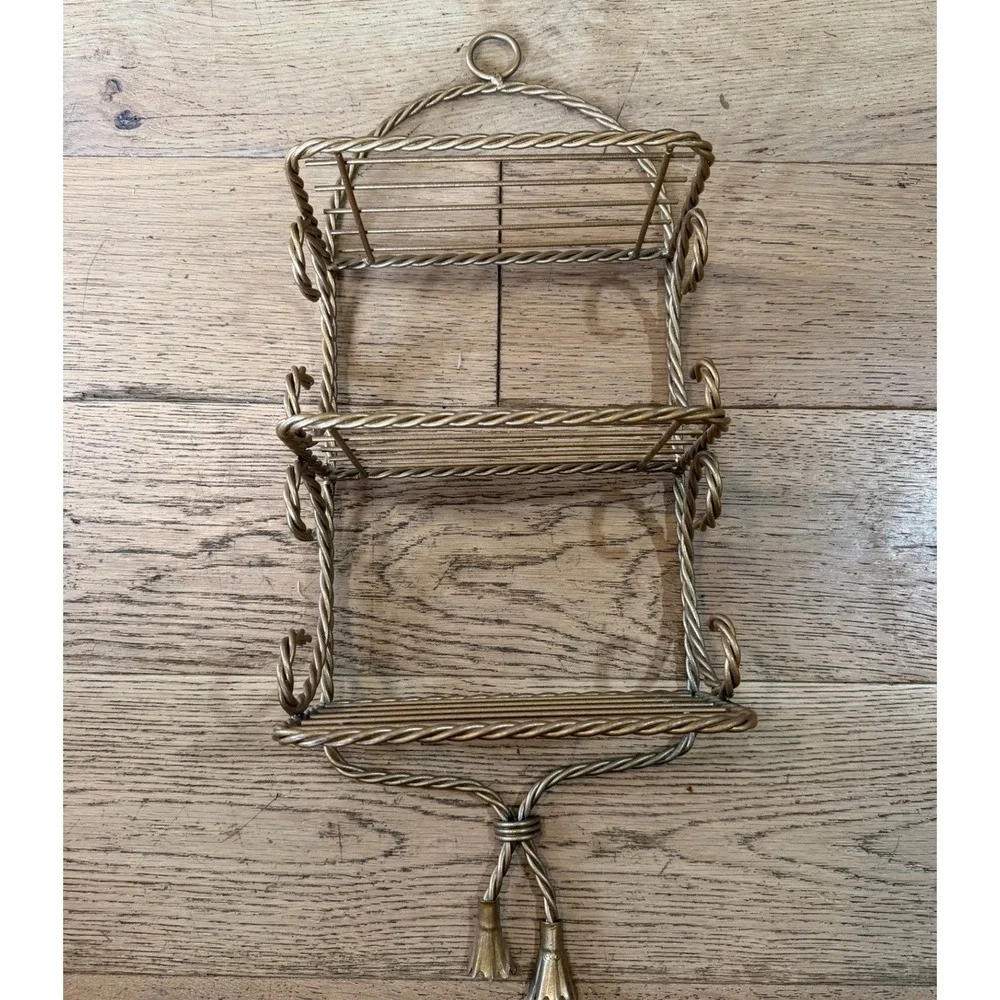 Vintage 3-Tier Wire‎ Wall Shelf Gold Tone MCM Twisted Rope Tassels Ornate
